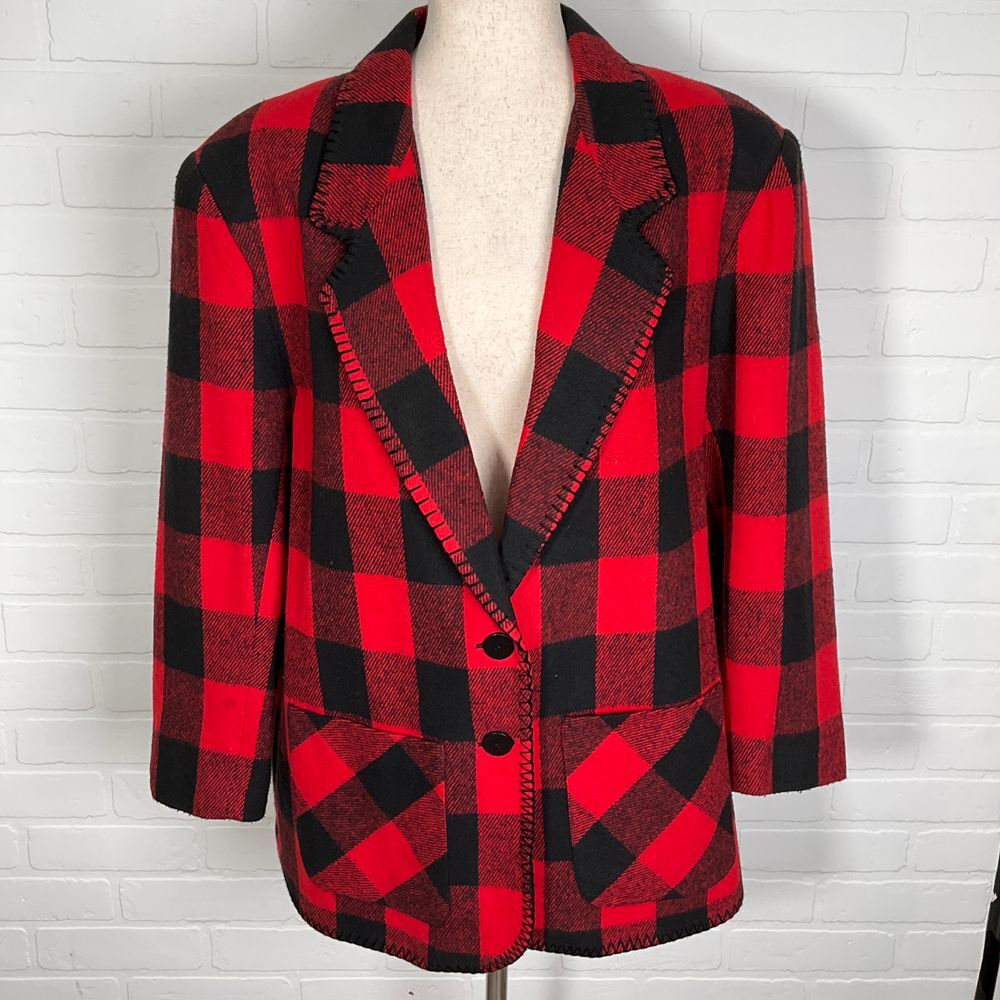 Petite B.E. Jacket Women Red Black Buffalo Check Plaid‎ Blanket Stitch Hem VTG